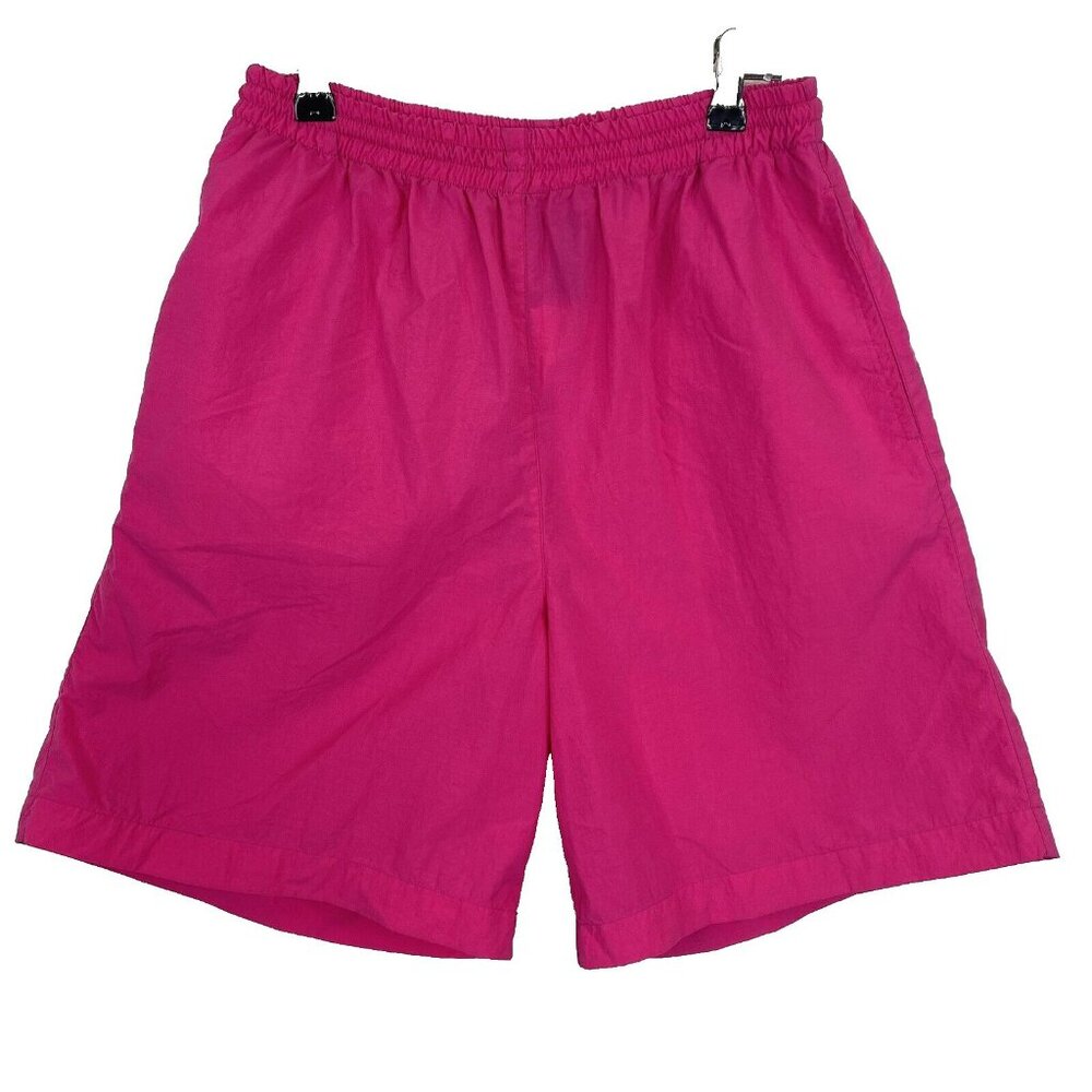 Vintage 80s Shorts Mens Medium Neon Pink Nylon Pull On Elastic Waist Pockets